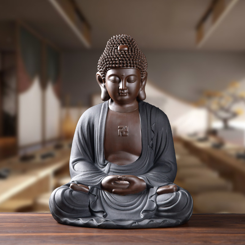 Ink dyed fragrance Sakyamuni Buddha big day Rulai Buddha ceramic Buddha statue decoration household offering handicraft decoration