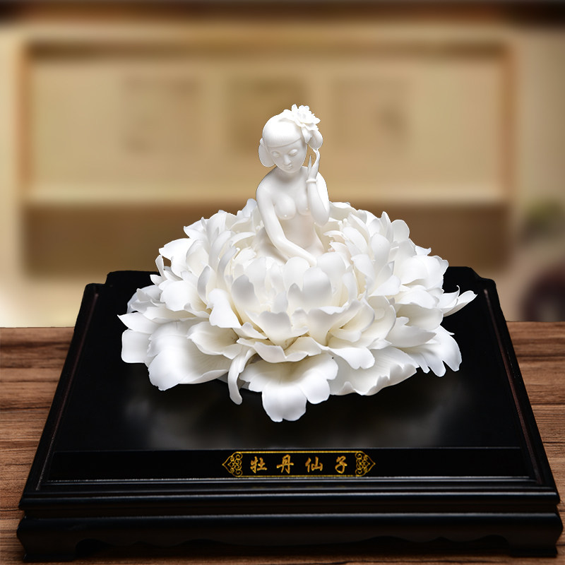 Ink dyed and fragrant peony fairy Dehua white porcelain lady ceramic beauty figure sculpture art craft decoration