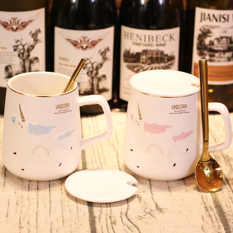 Move the mark cup with cover spoon cartoon creative trend high - capacity express the girl unicorn ceramic cup cup