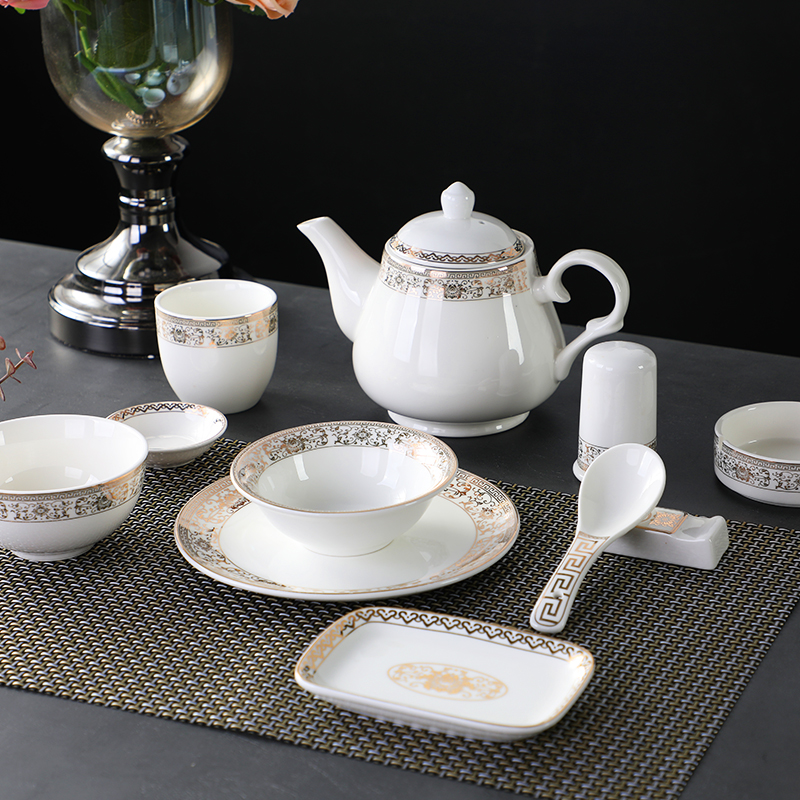Chinese style key-2 luxury hotels table four - piece hotel restaurant ceramic tableware disinfection yellow up phnom penh thickening package printing