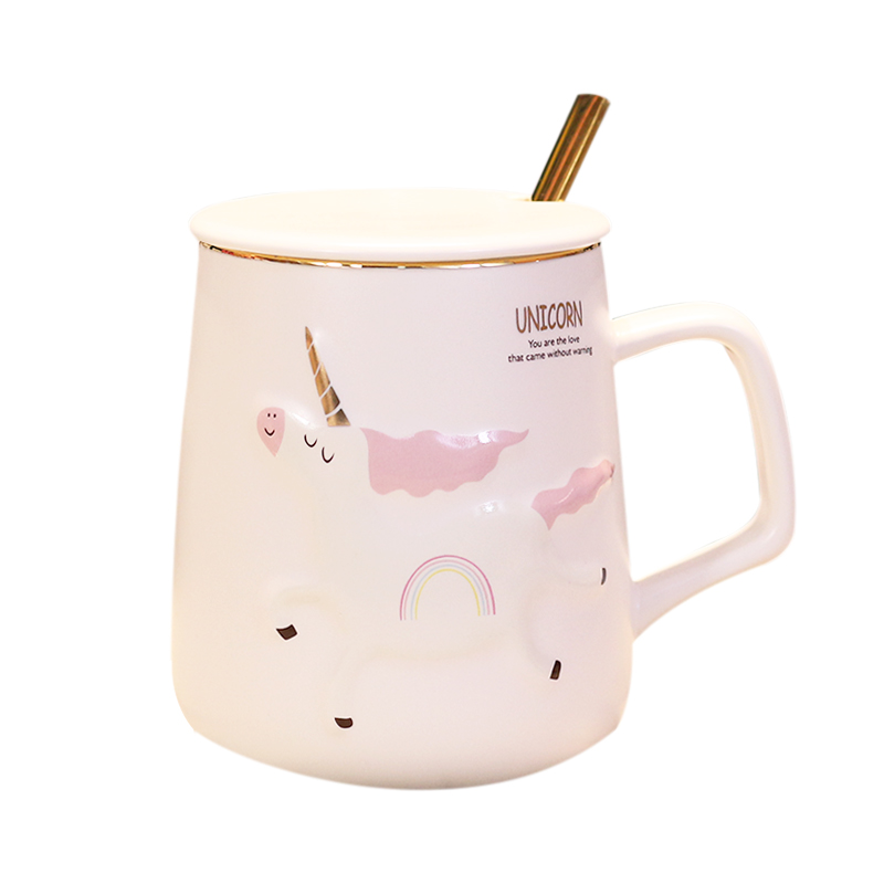 Move the mark cup with cover spoon cartoon creative trend high - capacity express the girl unicorn ceramic cup cup