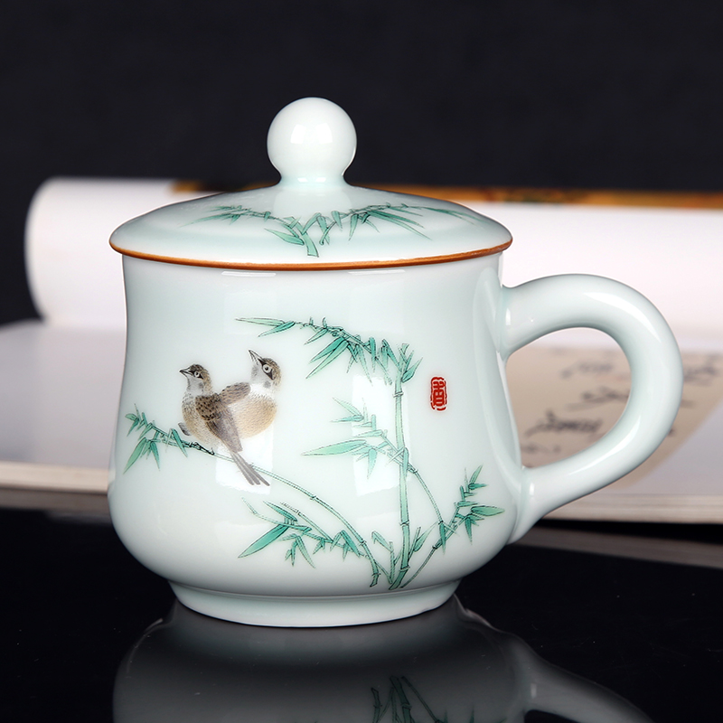 Jingdezhen ceramic cups with cover celadon porcelain single cup small household glass office personal cup tea set