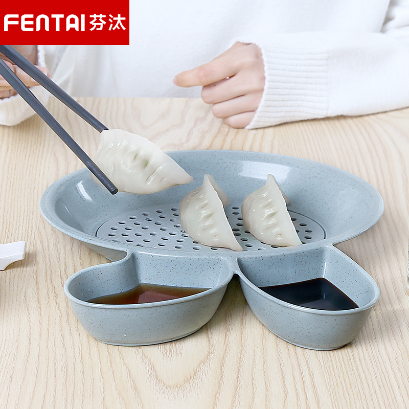 Dumpling dish with vinegar dish Household creative Japanese large double-layer drain wheat straw barbecue Western food plate tableware put