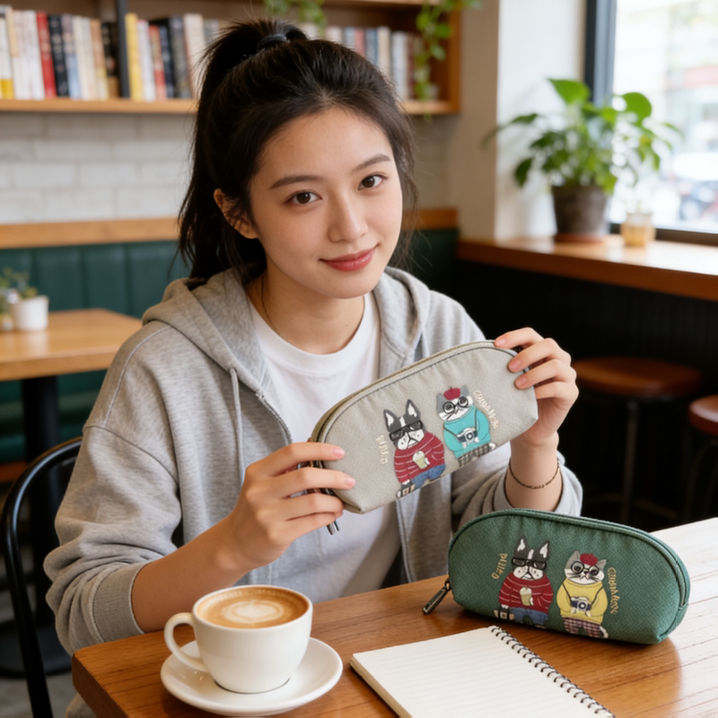 Japanese Kusuguru Genuine Embroidered French Bulldog Cat Glasses Case Glasses Storage Bag Cartoon Canvas 402