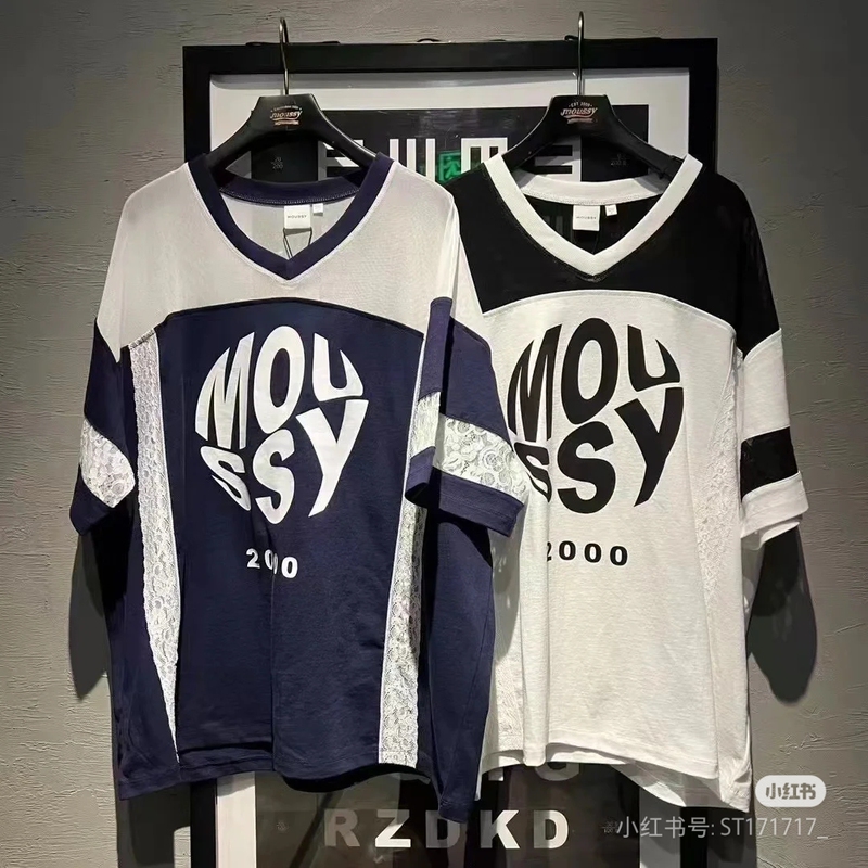 Slightly Flawed Special Sale! Authentic m Brand 25 New Style Lace Mesh Patchwork Letter Print Color-Block V-Neck Short-Sleeve T-Shirt