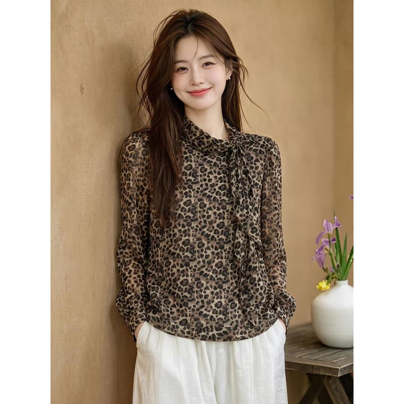 Vintage Leopard Print Tie-Front Long-Sleeve Shirt for Women, New Autumn Style, Stand Collar Tie-Front Artistic Coffee-Colored Design Top