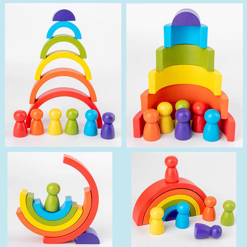 Rainbow Vaulted Building Blocks Small People Combine 0-25 Wooden Children Puzzle Seven Colorful Semi-circle Building Stack Legit Toys