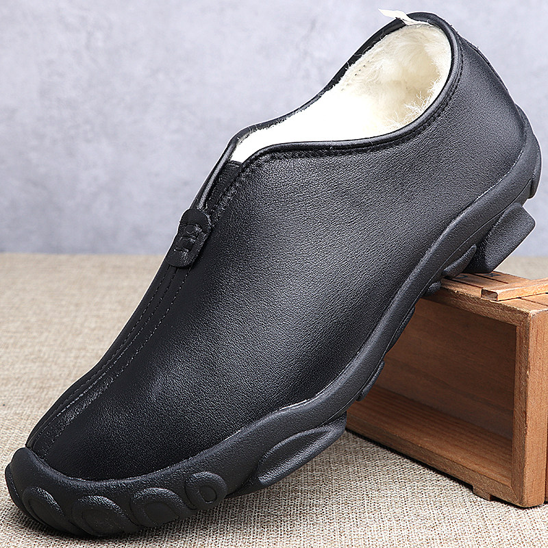 Old Beijing Cloth Shoes Men's Cotton Shoes Genuine Leather Wool One Thickened Warm Old Man Shoes Middle Aged Daddy Shoes Winter