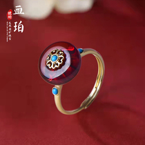 Zhenya jewelry red blood Perr amber pine button 925 silver gold - plated live mouth ring