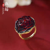 Zhenya jewelry red blood pearl peony and amber pest flower 925 silver gold - plated live mouth ring