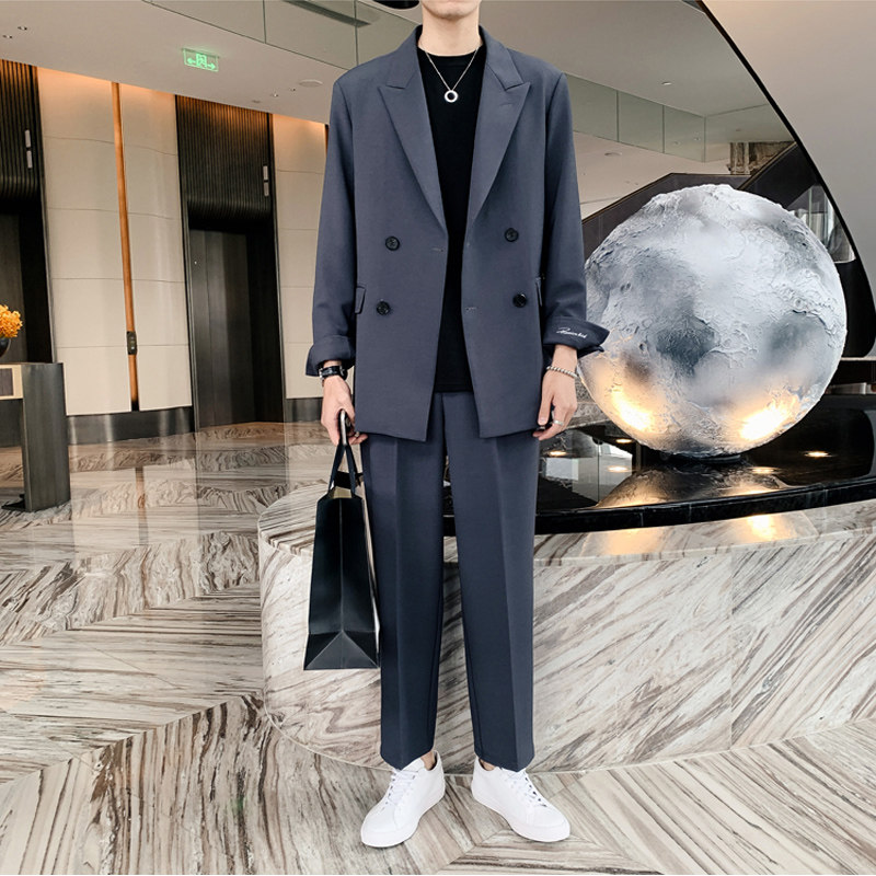 The Yuppie Handsome Suit Man Han's Version Loose Medium Long Version Coat Fried Street West Suit Trend Handsome Pants Two-piece Style Suit