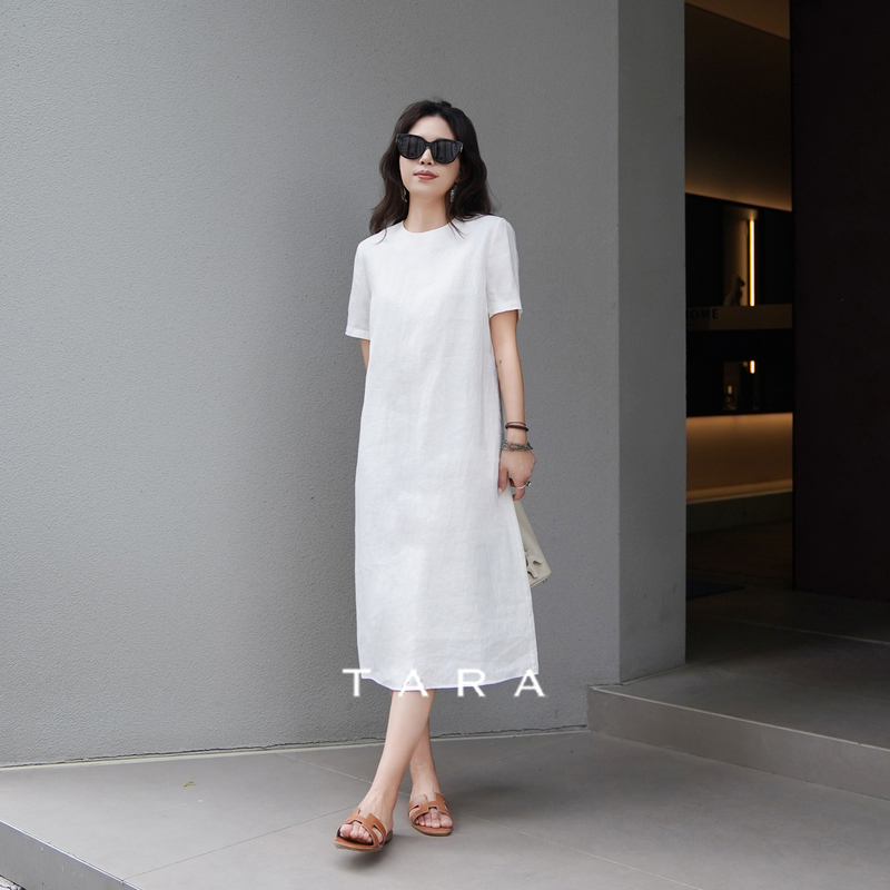 Tara | “Southern French Time” French Imported 100% Linen Straight Short-Sleeved Dress, Elegant and Long Dress