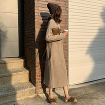 2019 New long high neck beige knit dress women Autumn Winter straight small man long sleeve base skirt