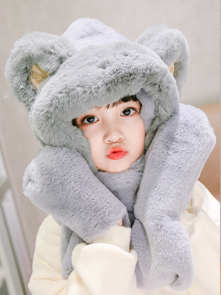 Children's hat Winter scarf one plus velvet warm cute male and female children's ear protection three-piece set baby bear hat