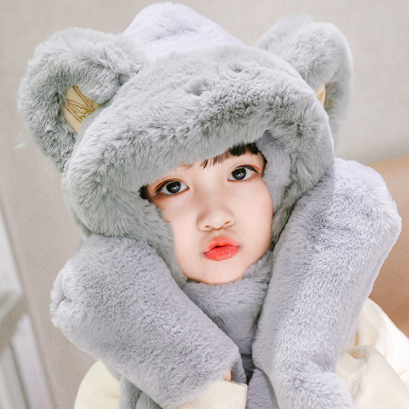 Children's hat Winter scarf integrated plus fleece warm cute boys and girls ear protector three-piece set baby bear style hat