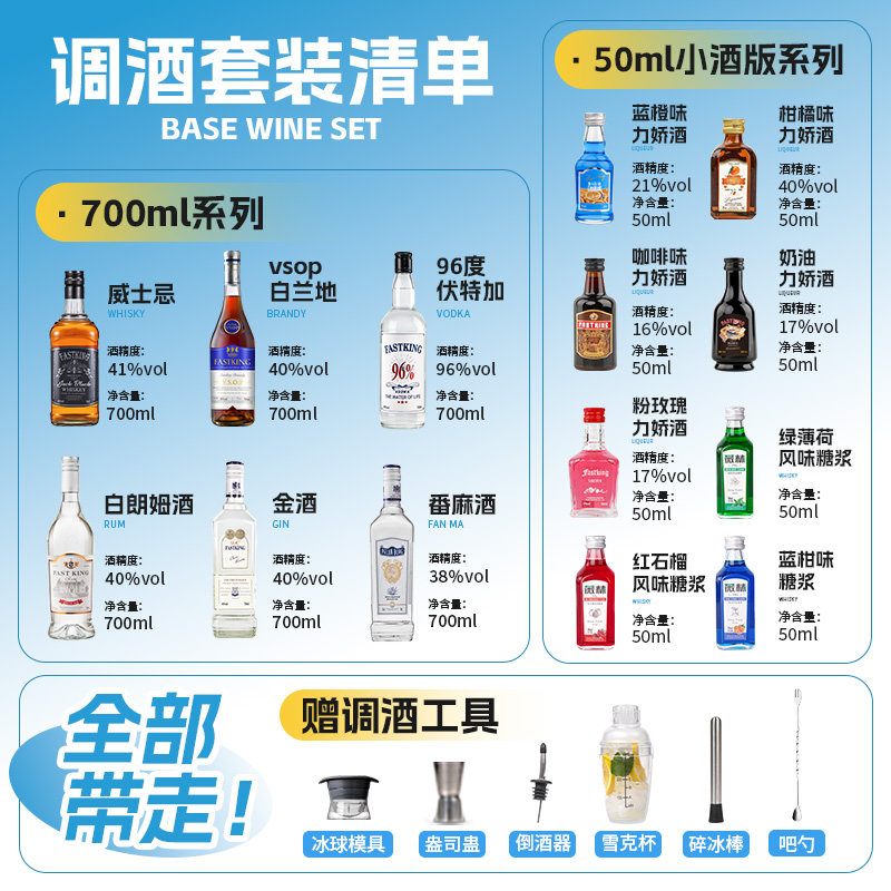 鸡尾酒调酒基酒套装洋酒组合!六大基酒+糖浆力娇酒,新手也能调出酒吧级鸡尾酒!-DIY鸡尾酒-淘宝好物网