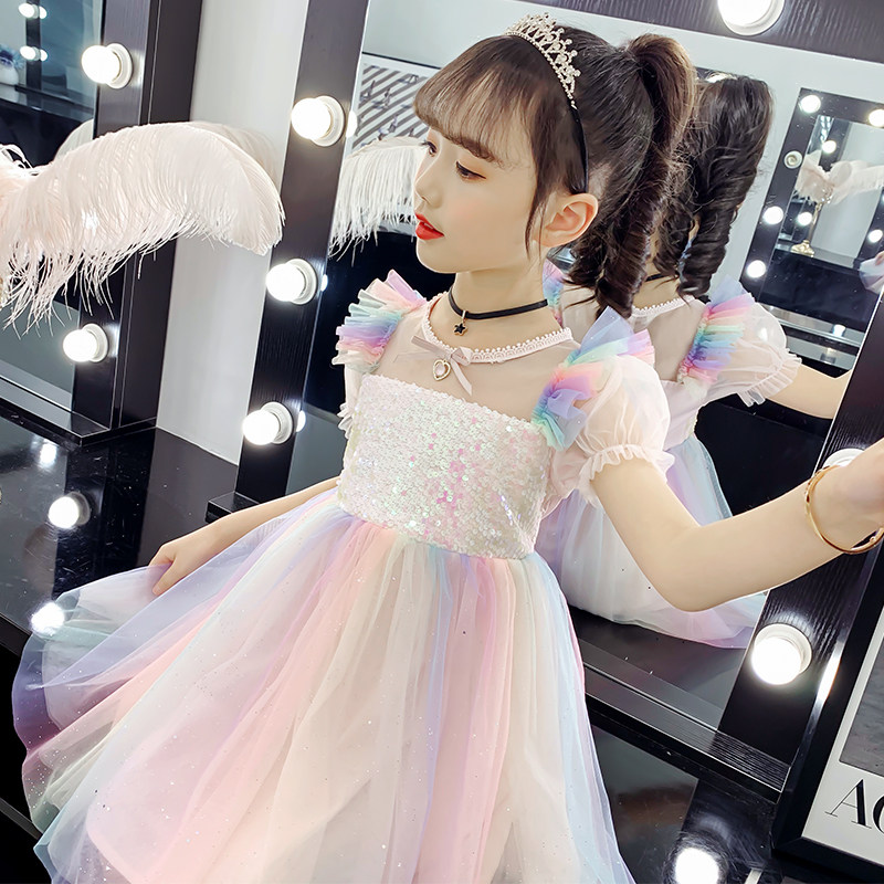 Girl Ocean Dress Summer New Foreign Pie CUHK Scout Fluffy Dress Little Girl Advanced Sensation Bubble Sleeves Princess Dress