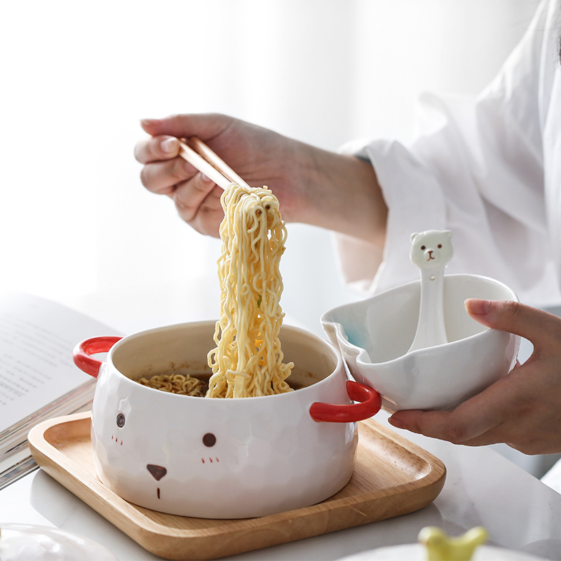 Boss have baby bear ceramic terms rainbow such as bowl, lovely cartoon family dormitory single with cover ears soup bowl