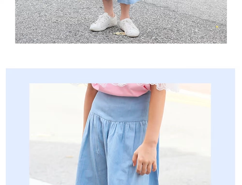 Quần ống rộng bé gái mùa hè cotton cotton rộng eo quần jeans trẻ em thời trang váy quần chín quần - Quần jean