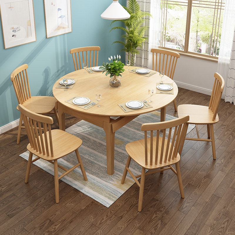 Nordic all solid wood dining table and chair combination home small apartment modern simple retractable folding square round dual-purpose dining table