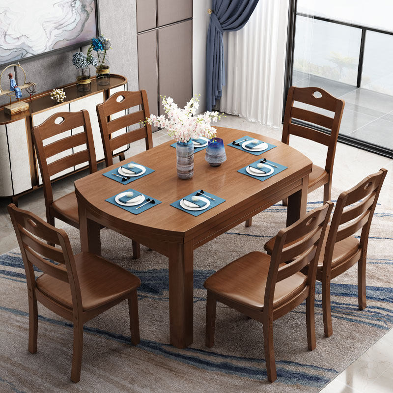 Solid wood dining table and chairs small apartment combination Chinese style retractable folding rectangular round home dining table simple and modern