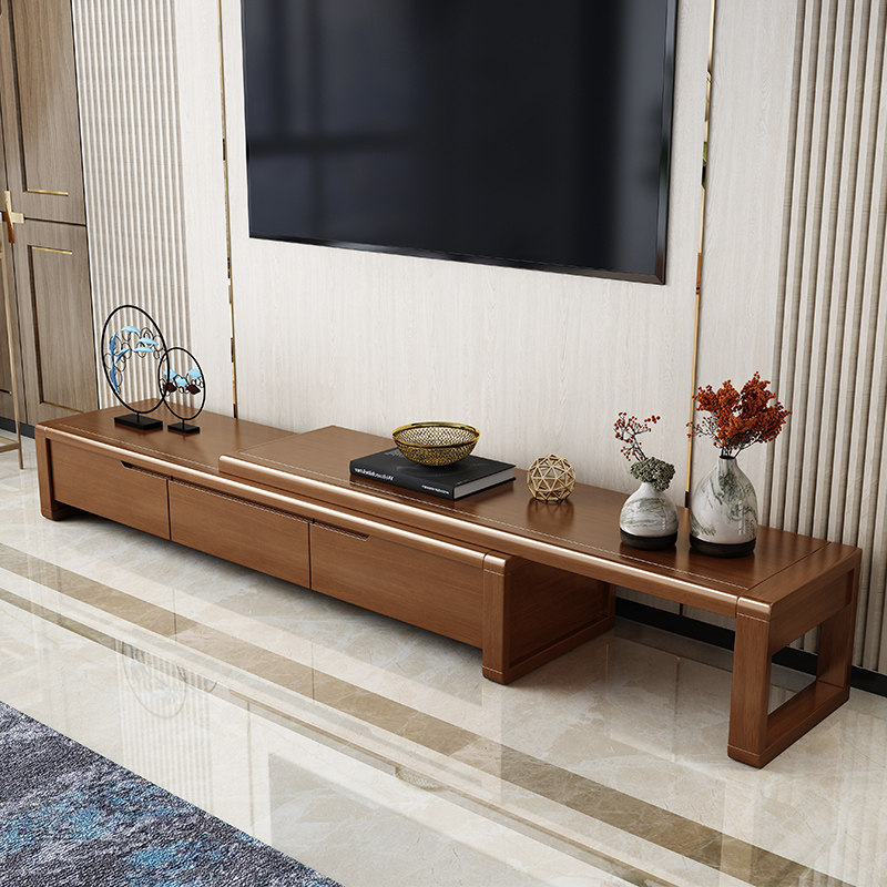 Solid wood TV cabinet new Chinese style modern minimalist telescopic floor cabinet tea table combination small apartment locker living room furniture