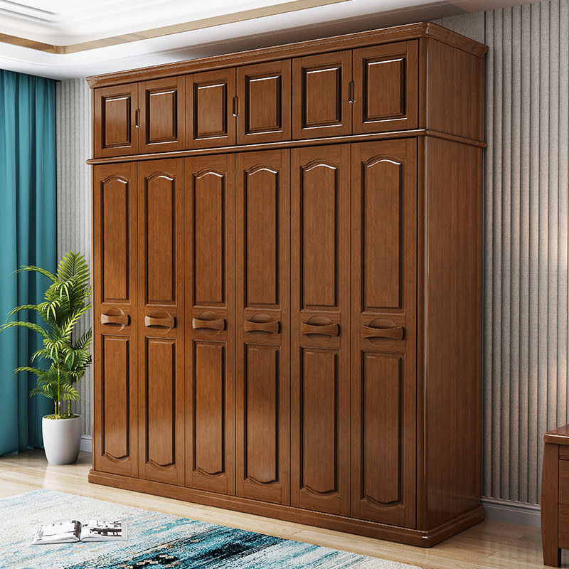 Simple modern Chinese style solid wood wardrobe three four five six doors oak solid wood side-by-side bedroom economical wardrobe - Taobao