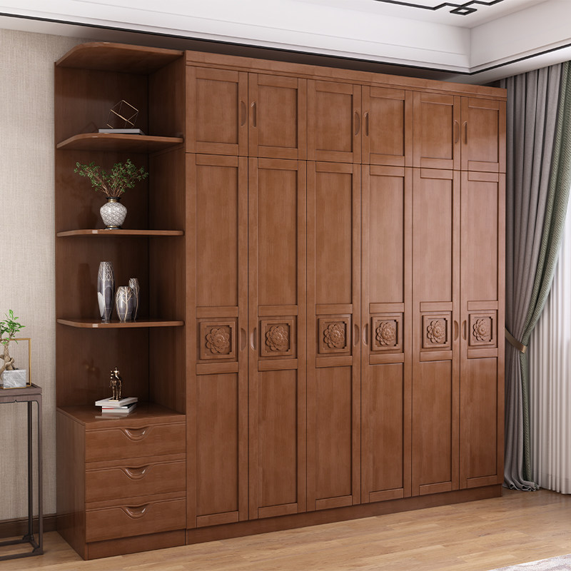 Chinese-style solid wood wardrobe economical three-four-five-six-door wooden rental house household locker wardrobe bedroom furniture