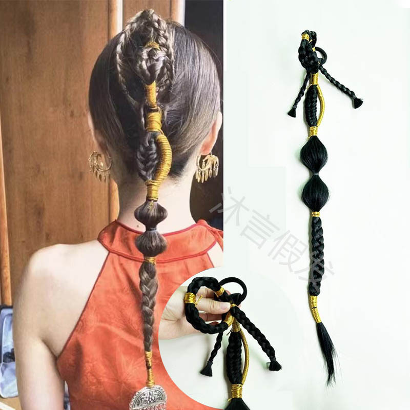 Wig Ponytail for Women, Long Braided Hair, New Chinese Style Twisted Braids, Hand-Woven Gold Thread Braids, Xiuhe Bride Hairstyle
