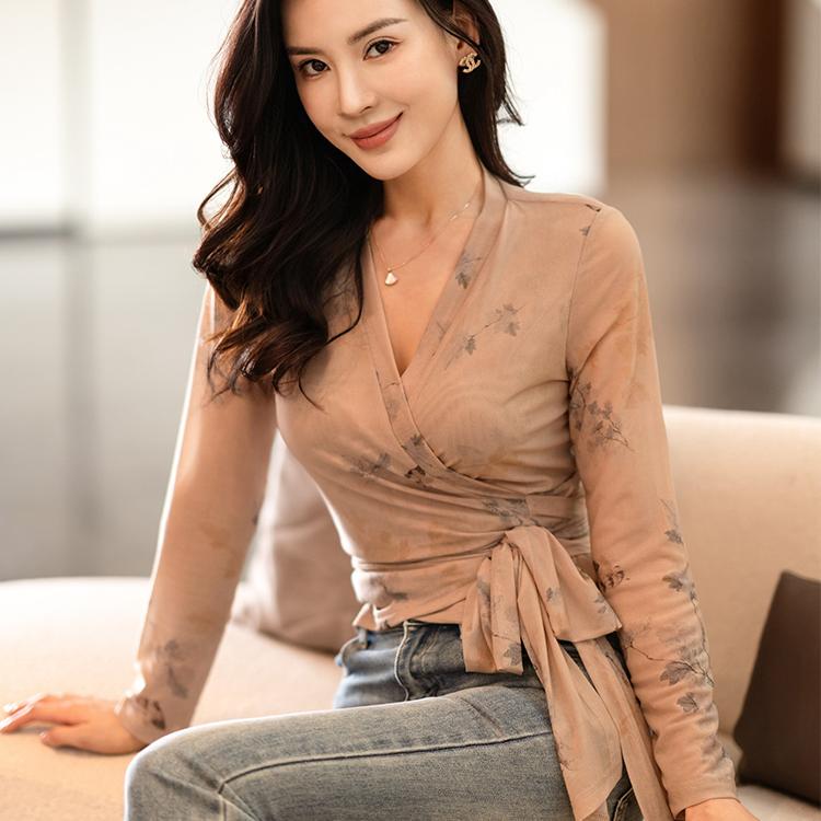 Stretch Fabric French-Style Top with Waist-Cinching Tie, Cross-Tie Long Sleeves, V-Neck, Printed Wrap Chiffon Cardigan for Women in Summer