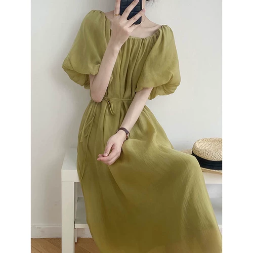 Летний приталенный корсет, зеленое платье, французский стиль, изысканный стиль, рукава фонарики