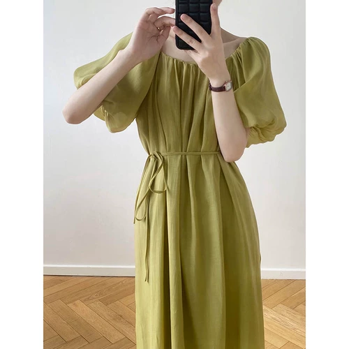 Летний приталенный корсет, зеленое платье, французский стиль, изысканный стиль, рукава фонарики