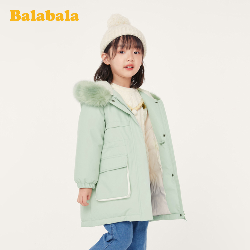 Balabala trẻ em xuống áo khoác cô gái slong bé mùa thu và mùa đông giải phóng mặt bằng lớn len cổ áo jacket triều trẻ em chính hãng của.