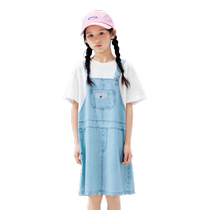 Balabala girls summer childrens dress 2024 new medium and large childrens fake two-piece quick-drying imitation denim skirt