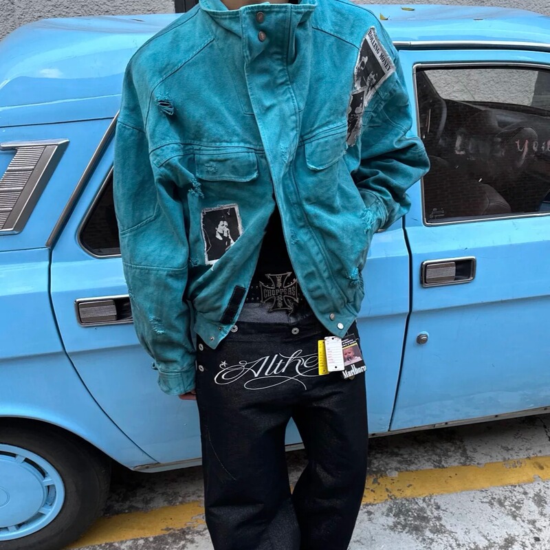 Ifwt "Unruly" Tiffany Blue Distressed Patchwork Dirty-Dyed Jacket Street Style Cool Autumn/Winter Casual Coat Ifwt "Unruly" Tiffany Blue Distressed Patchwork Dirty-Dyed Jacket Street Style Cool Autumn/Winter Casual Coat