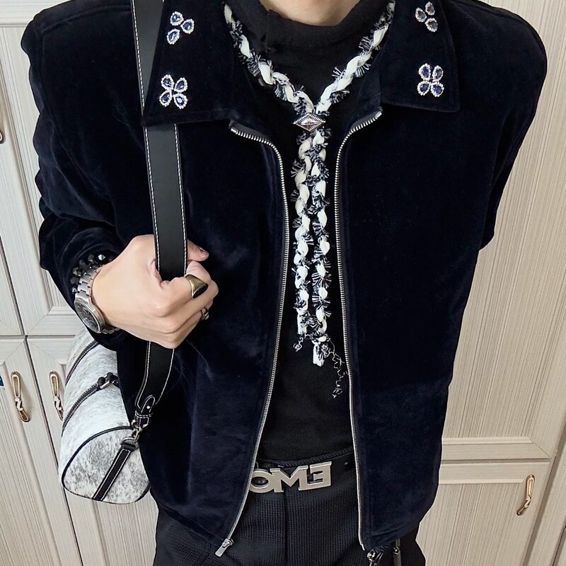 Ifwt "Swan Lake Overture" Flocked Velvet Gemstone Velvet Jacket Elegant Commuter Style Spring and Autumn Coat
