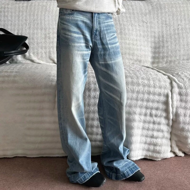 Ifwt American-Style Combat Denim Snowflake Pattern Light Blue Washed Vintage Jeans Unisex Work Pants Ifwt American-Style Combat Denim Snowflake Pattern Light Blue Washed Vintage Jeans Unisex Work Pants