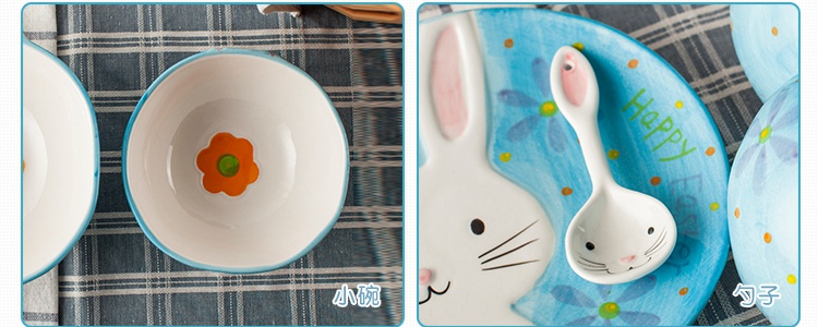 Jingdezhen creative cartoon hand - made rice dessert bowl of Japanese rabbits ceramic dishes cutlery set