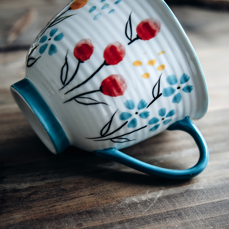 Hand color small flowers fresh Nordic ins ceramic high - capacity breakfast milk tea cup lovers mugs