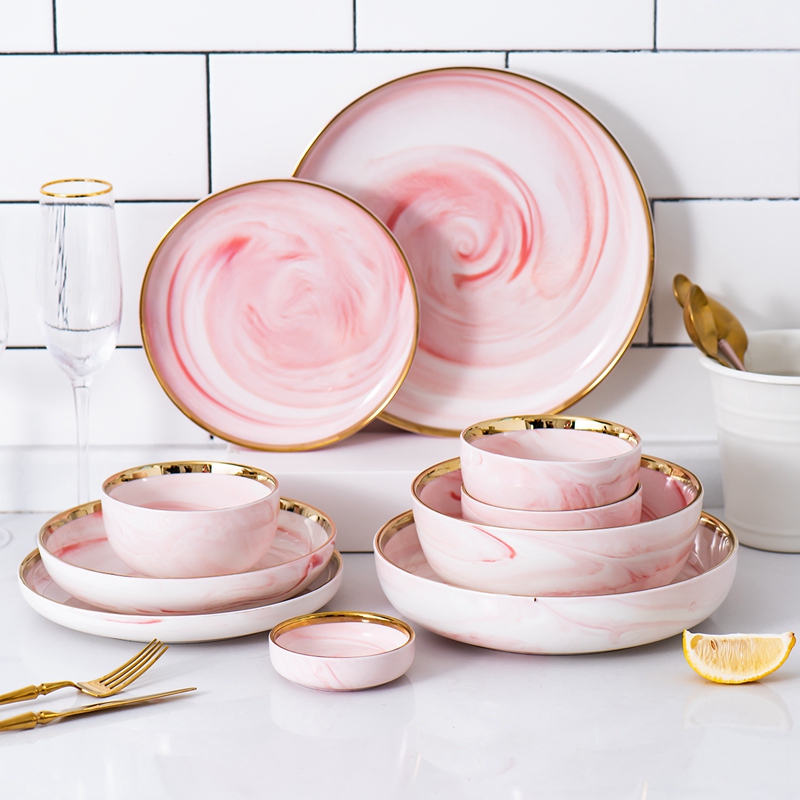 Pink Nordic Marble Pattern Gold-Rimmed Ceramic Western Tableware Set Rice Bowl Small Plate Cold Dish Plate Shallow Soup Plate Pink Nordic Marble Pattern Gold-Rimmed Ceramic Western Tableware Set Rice Bowl Small Plate Cold Dish Plate Shallow Soup Plate