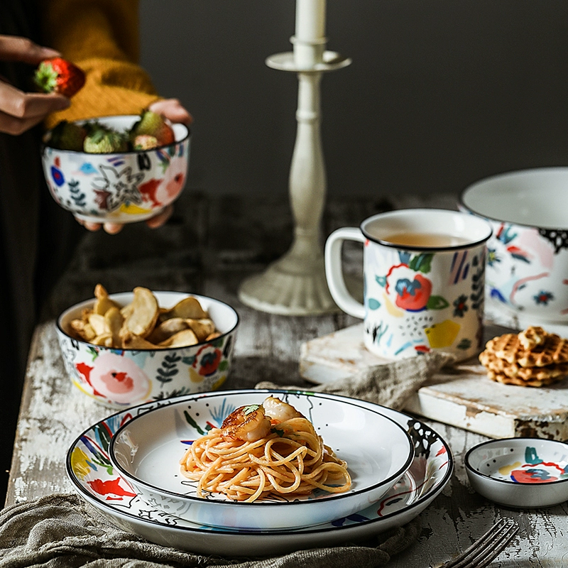 Phong cách Nhật Bản vẽ tay lưới màu đỏ bộ đồ ăn ins Bộ đồ ăn sáng Bắc Âu đặt món ăn nhà súp bát đĩa đĩa cốc cốc - Đồ ăn tối