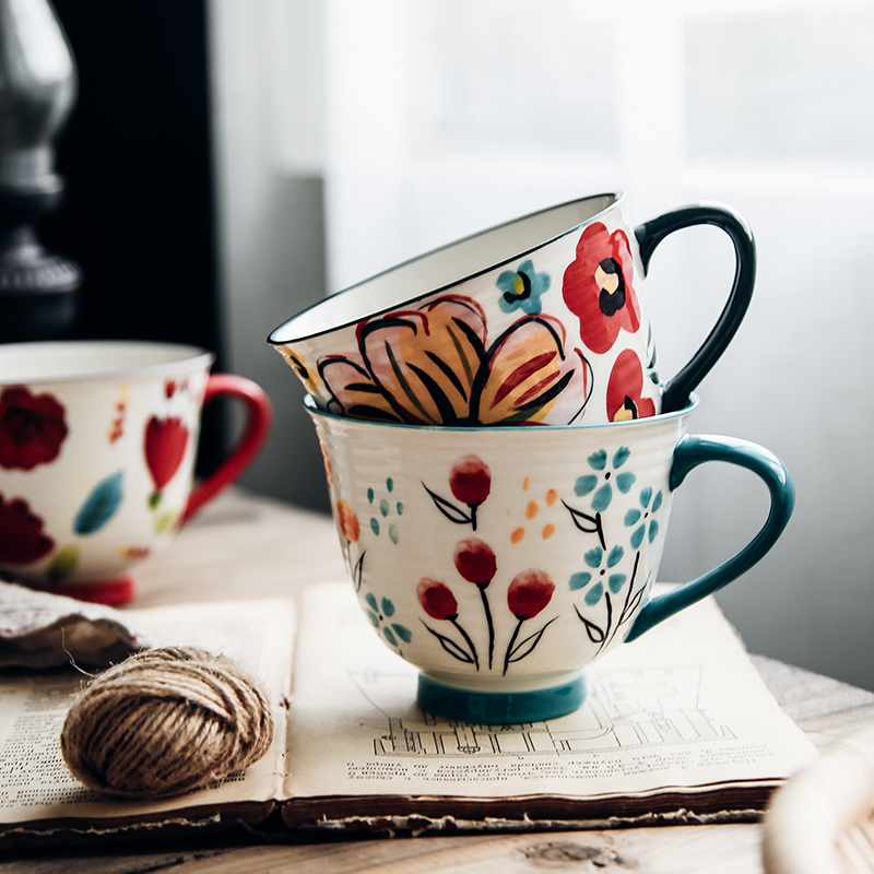 Hand color small flowers fresh Nordic ins ceramic high - capacity breakfast milk tea cup lovers mugs
