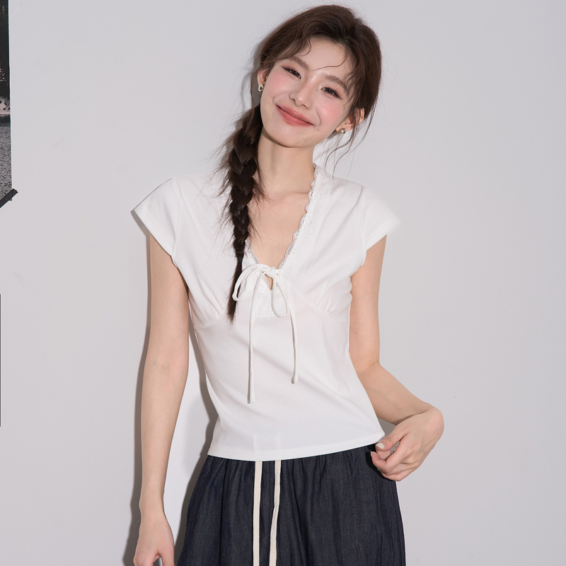 Zhou Bai Bai Korean-Style Sweet Lace V-Neck Tie Short-Sleeve T-Shirt for Women, New Summer Slim-Fit Short Top Zhou Bai Bai Korean-Style Sweet Lace V-Neck Tie Short-Sleeve T-Shirt for Women, New Summer Slim-Fit Short Top