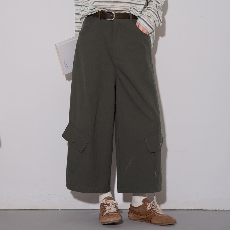 Zhou Baibai American-Style Retro Work Pants for Women, Summer Tencel Linen Cropped Pants, Straight Wide-Leg Casual Pants