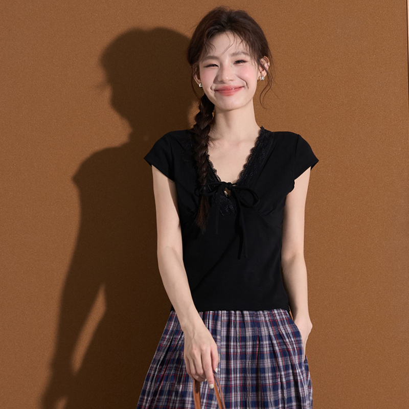 Zhou Bai Bai Slim-Fit Korean-Style Sweet Lace V-Neck Tie Short-Sleeve T-Shirt for Women, New Summer Short Top Zhou Bai Bai Slim-Fit Korean-Style Sweet Lace V-Neck Tie Short-Sleeve T-Shirt for Women, New Summer Short Top