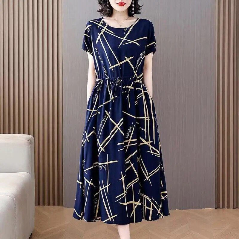 2026 Summer New Plus-Size Women's Clothing with Pockets, Cotton Silk Dress, Over-The-Knee Long Loose-Fitting Floral Dress for Outerwear