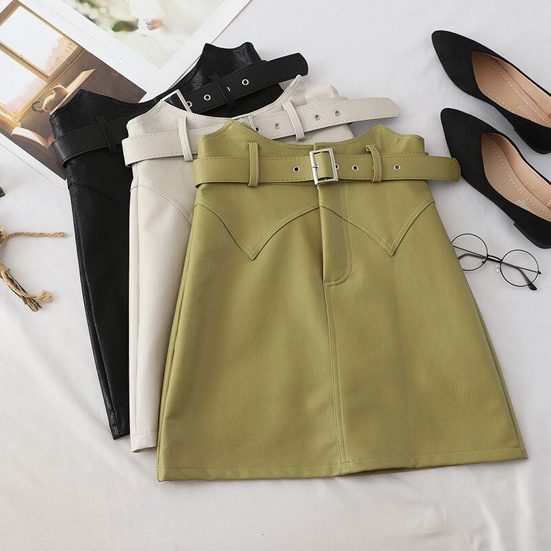 PU leather wave edge belt belt solid color short high waist leather skirt 2019 autumn new a-word hip