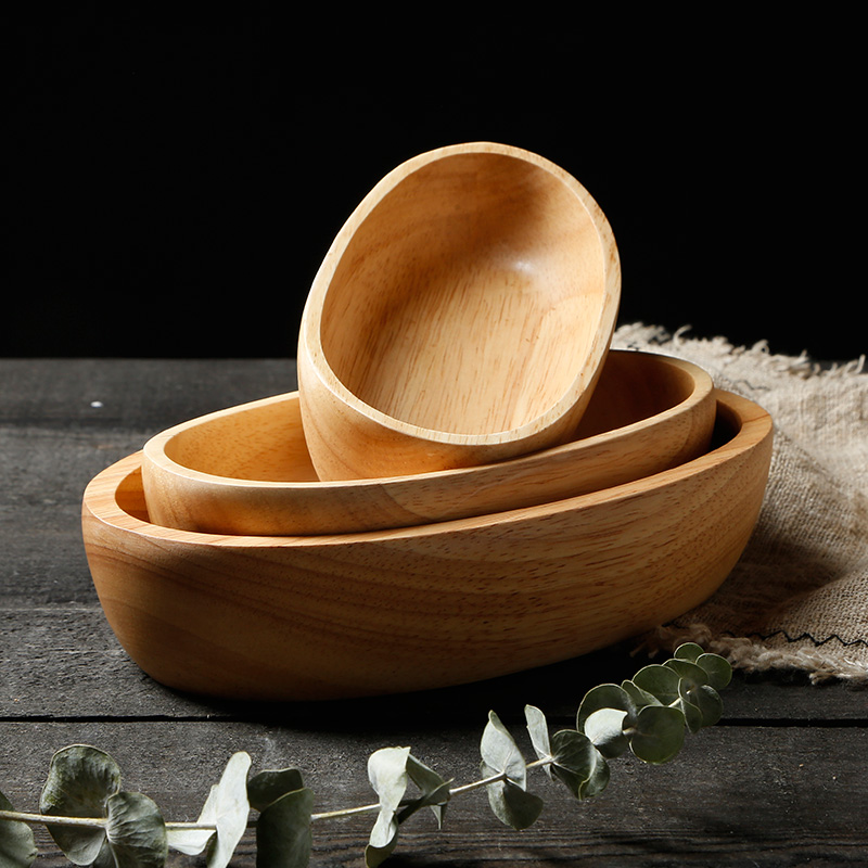 Boat Shaped Bowl Day Style Solid Wood Bowl Home Big Taro Round Planing Ice Bowl Fruit Salad Bowl Retro Wooden Cutlery Sets