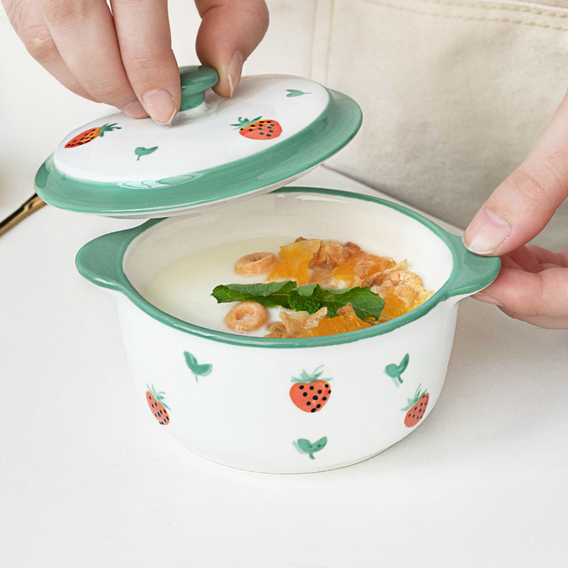 ezicok ceramic baking bowl hand-painted double ear with lid bowl baking baking bowl home cute stew Steamed Egg Bowl Sidefood Bowl