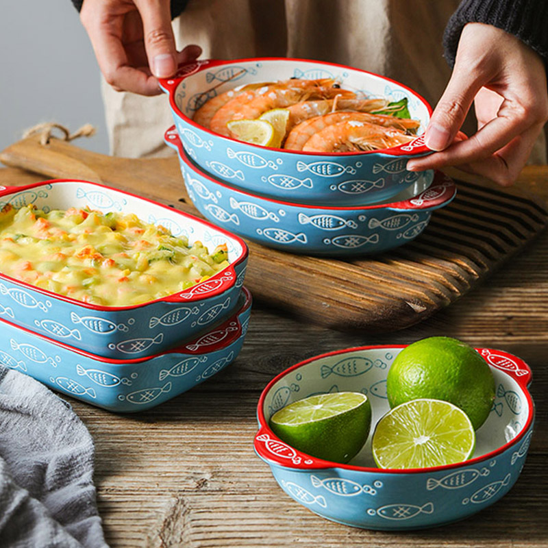 ezicok ceramic baking plate cheese baked rice bowl plate oven baking bowl household fish plate double ear plate baked rice plate